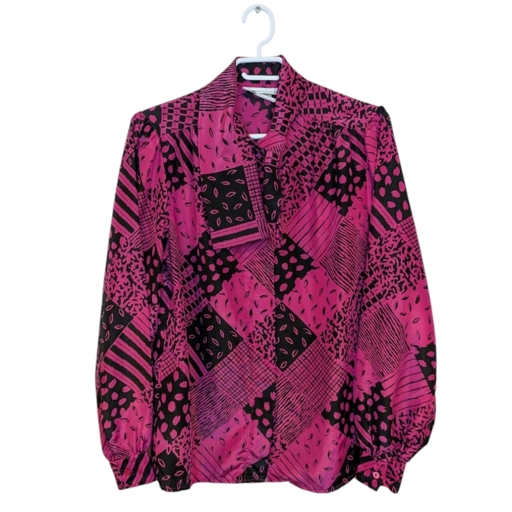 Vintage Hot Pink & Black Abstract Print Silky Button Down Blouse Size 10